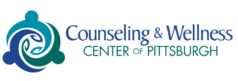 Logo for Counseling & Wellness Center of Pittsburgh, featuring abstract teal/blue circular emblem to the left and the organization name to the right.